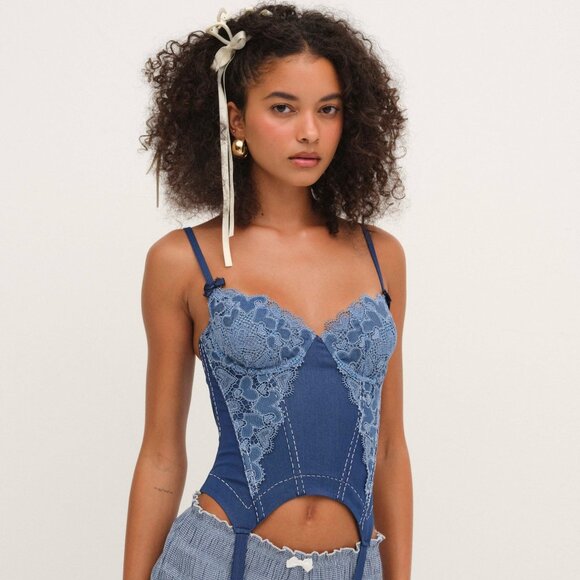 For Love & Lemons Denim Hearts Bustier Size SDDSDD / Blue - Picture 1 of 3